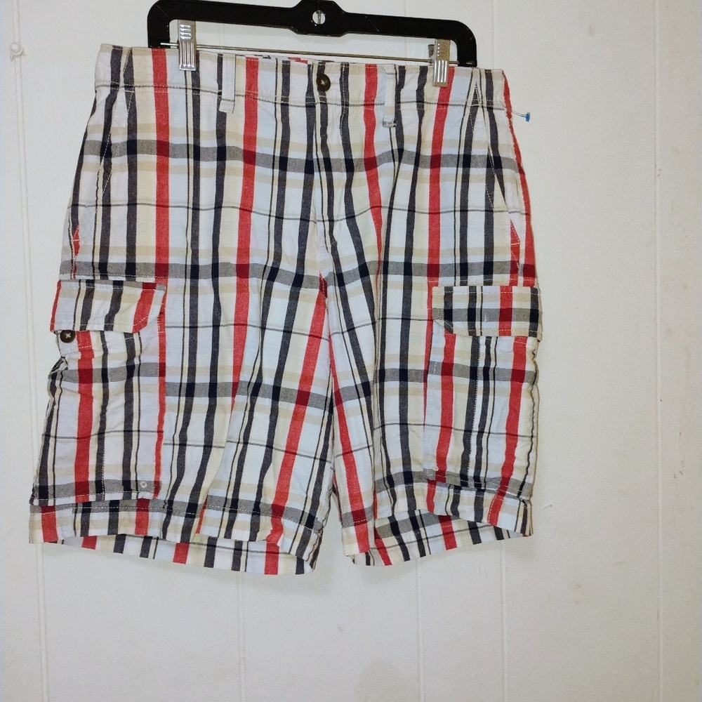 Merona Cargo Shorts Men 34 Blue & RED Plaid Zipper Fly Drawstring Pockets Cotton